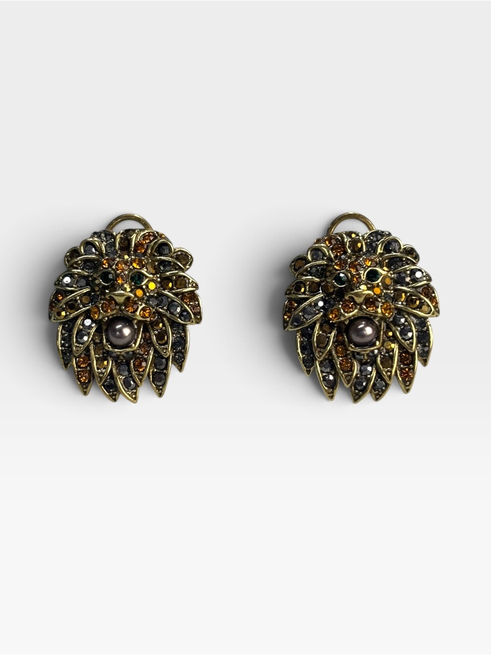 HEIDI DAUS LEO LION BRONZE SWAROVSKI CRYSTAL PAVE GLASS PEARL POST CLIP EARRINGS
